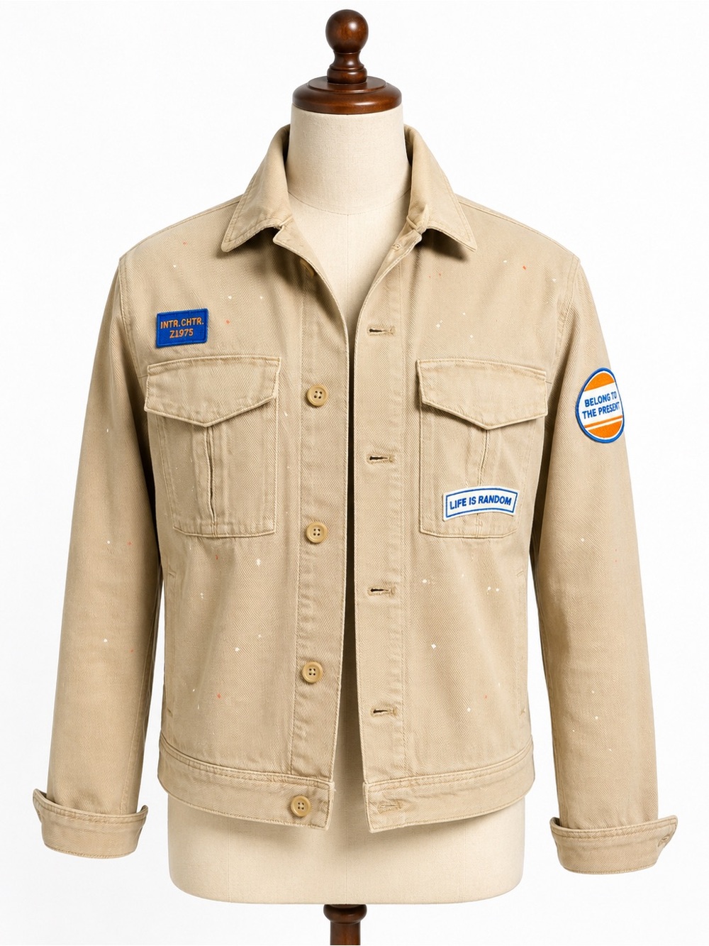 Zara Beige Utility Patch Jacket Small Paint Splatter Military Shacket